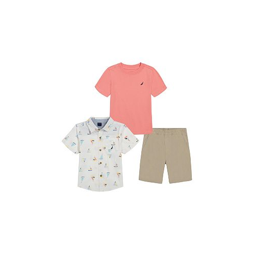 Nautica Toddler Boys Short Sleeve T-shirt Printed Poplin Shirt and Twill Shorts 3 Pc Set