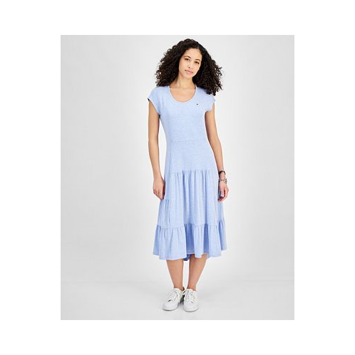 Tommy Hilfiger Womens Short-Sleeve Tiered Logo Midi Dress