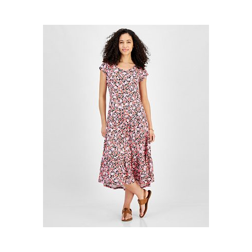 Tommy Hilfiger Womens Floral Print Short-Sleeve Tiered Midi Dress