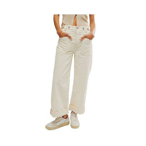 Free People Womens Palmer High Rise Cuffed Cotton Wide-Leg Jeans