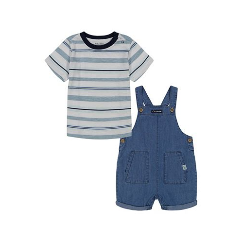 Calvin Klein Baby Boys Chambray Shortalls and Striped Short Sleeve T-shirt Set 2 piece