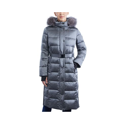 Michael Kors Womens Shine Belted Faux-Fur-Trim Hooded Puffer Coat