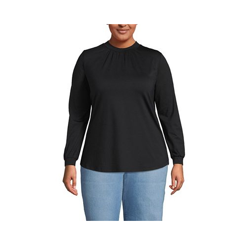 Lands End Plus Size Jersey Long Sleeve Gathered Mock Neck Tee