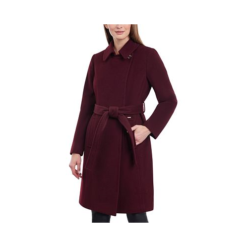 Michael Kors Womens Petite Belted Notched-Collar Wrap Coat