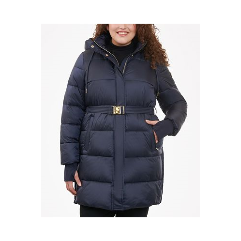 Michael Kors Womens Plus Size Hooded Belted Puffer Coat
