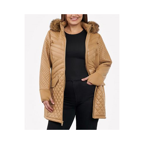 Michael Kors Womens Plus Size Faux-Fur-Trim Hooded Quilted Coat