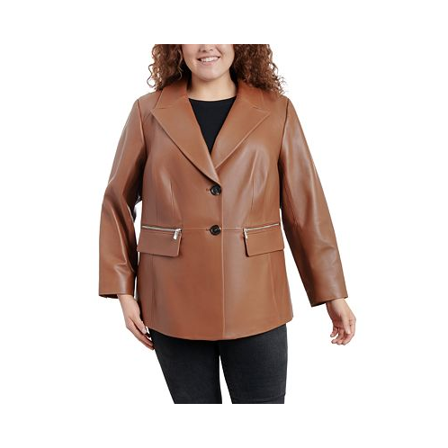 Anne Klein Womens Plus Size Zip-Pocket Leather Blazer Coat