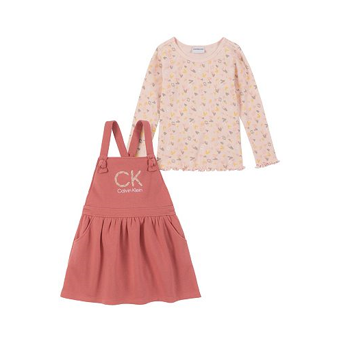 Calvin Klein Baby Girls Ribbed Print Jersey T-shirt and Fleece Apron Jumper with Diaper Cover 2-Piece Set