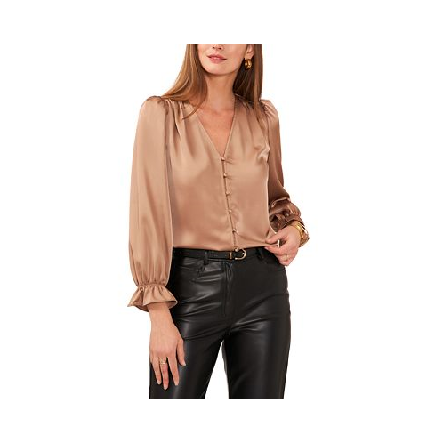 1.STATE Womens V-Neck Button-Front Blouson-Sleeve Top