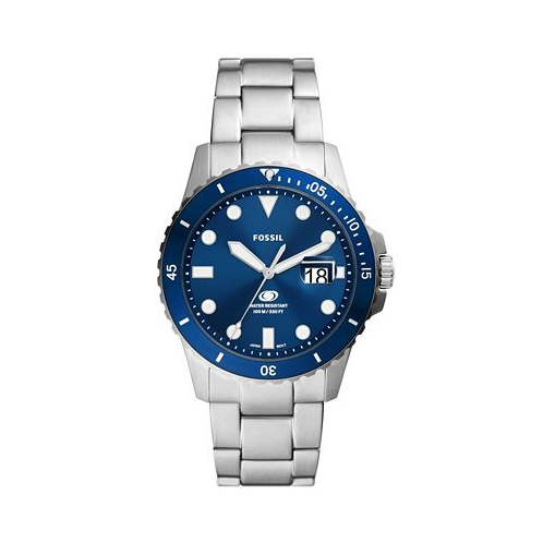 Fossil Mens Blue Dive Three-Hand Date Silver-Tone Stainless Steel Watch 42mm