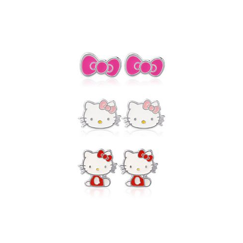 Hello Kitty Sanrio Silver Plated and Enamel Stud Earrings Set - 3 Pairs Officially Licensed