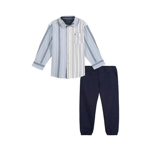 Tommy Hilfiger Baby Boys Oxford Stripe Long Sleeves Button-Up Shirt and Twill Jogger Pants 2 Piece Set