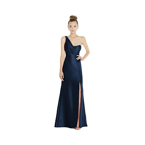 Alfred Sung Draped One-Shoulder Satin Trumpet Gown with Front Slit