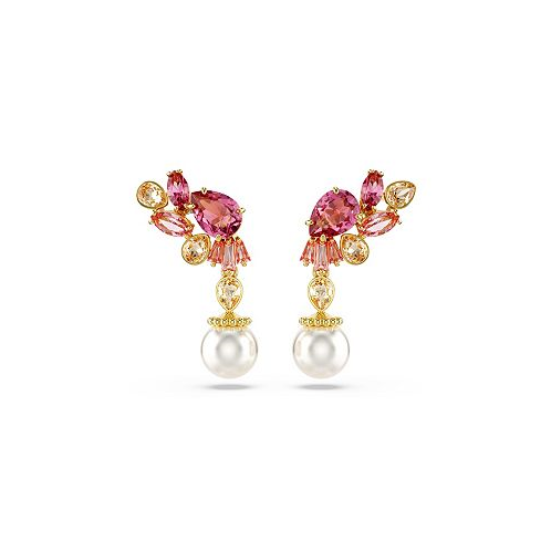 Mixed Cuts Crystal Swarovski Imitation Pearls Flower Pink Gold-Tone Gema Drop Earrings