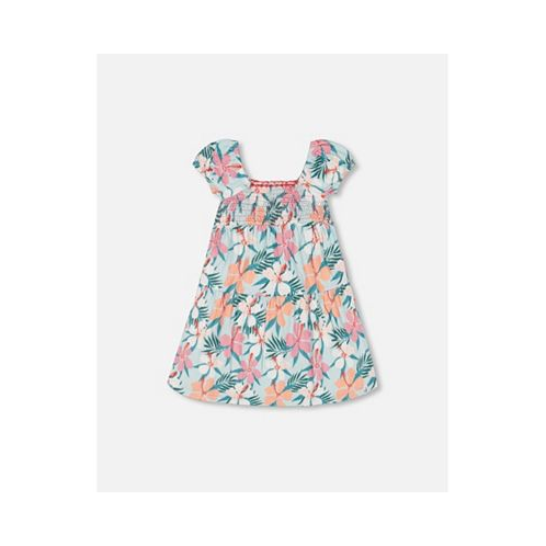 Deux par Deux Girl Smocked Crinkle Dress Blue Printed Beach Hibiscus - Child