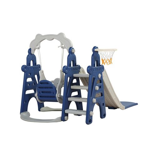 Simplie Fun Kids Swing And Slide Set 3-In-1 Slide With Basketball Hoop For Indoor And Outdoor Activity Center Blue+Gray