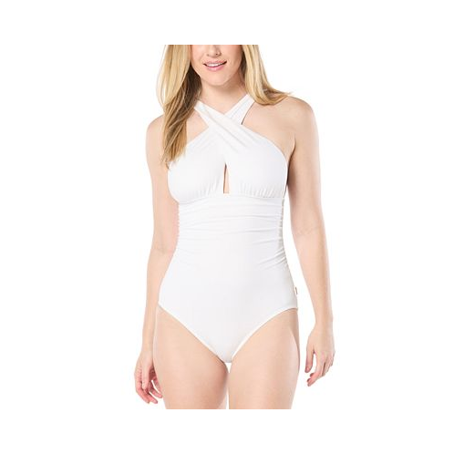 Michael Kors Womens Cross-Neck Smocked One-Piece Swimsuit