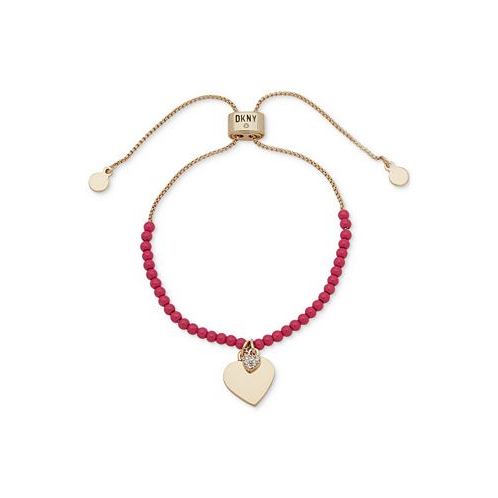 DKNY Gold-Tone Pave Heart Charm Beaded Slider Bracelet