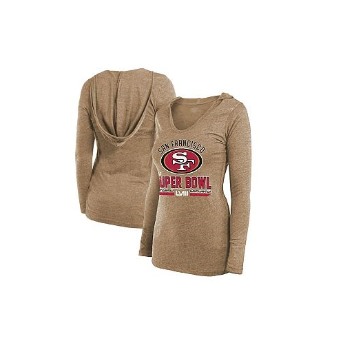 Majestic Womens Threads Gold Distressed San Francisco 49ers Super Bowl LVIII Hard Court Tri-Blend Long Sleeve V-Neck Hoodie T-shirt