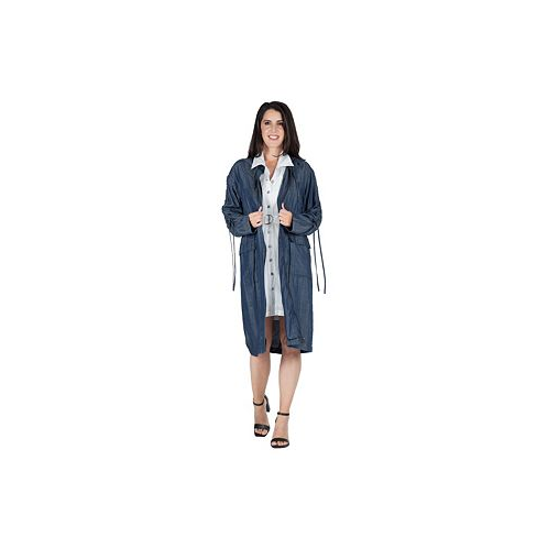 Standards & Practices Womens Denim Tencel Hooded Long Trench Coat