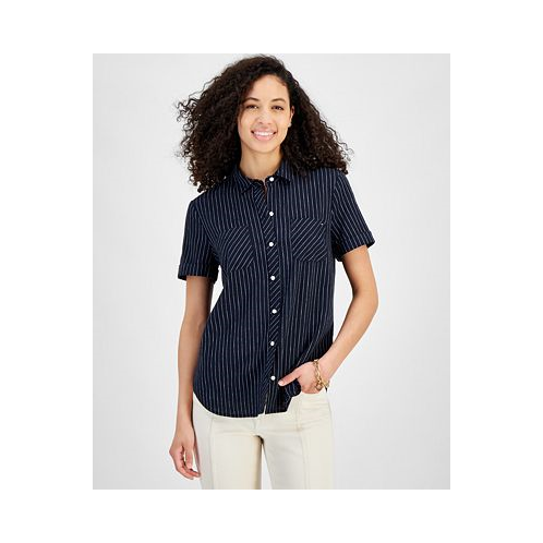Tommy Hilfiger Womens Striped Linen-Blend Short-Sleeve Button-Front Shirt
