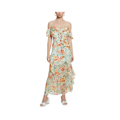GUESS Womens Meadows Floral Print Ruffled Maxi Dress