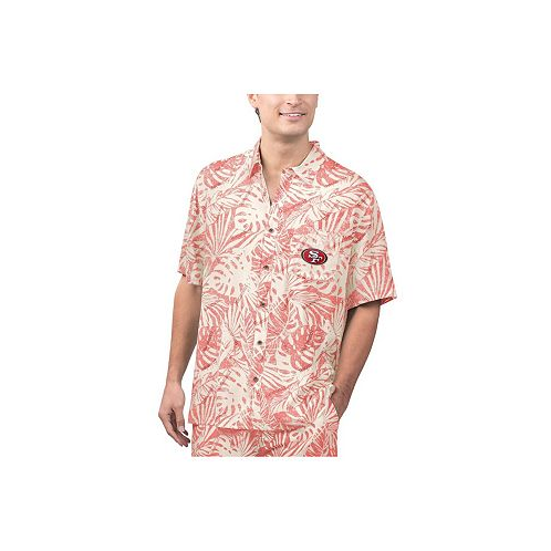 Margaritaville Mens Tan San Francisco 49ers Sand Washed Monstera Print Party Button-Up Shirt
