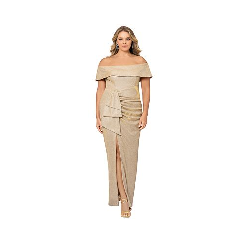 XSCAPE Plus Size Off-The-Shoulder Glitter Gown