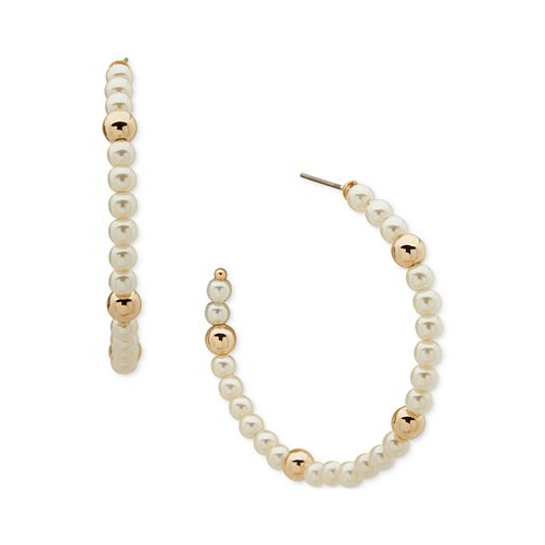 DKNY Gold-Tone Medium Bead & Imitation Pearl C-Hoop Earrings 1.57