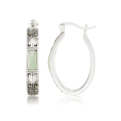 Macys Jade (7.5 x 5.3mm) & Marcasite Oval Hoop Earrings in Sterling Silver