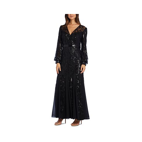 R & M Richards Sequined Blouson-Sleeve Gown