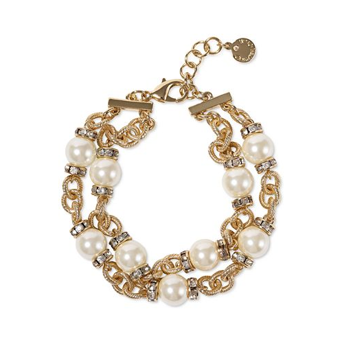 Charter Club Gold-Tone Pave Rondelle Bead & Imitation Pearl Double-Row Link Bracelet