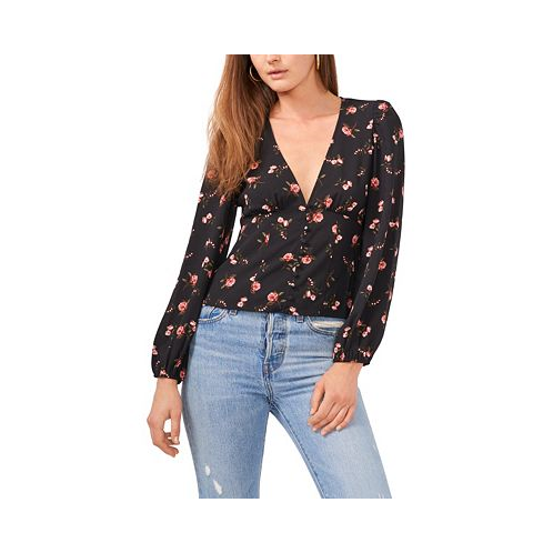 1.STATE Womens Floral V-Neck Button Front Long-Sleeve Blouse