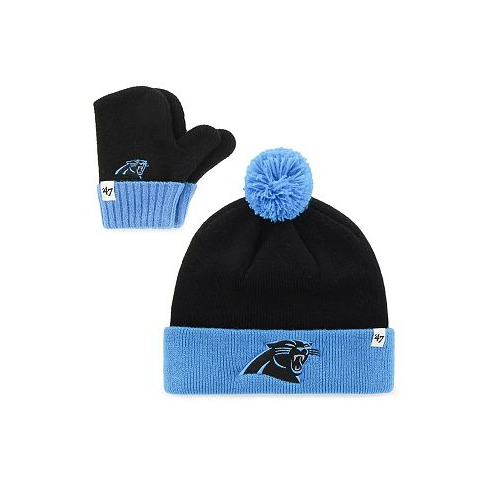 47 Brand Toddler Unisex Black and Blue Carolina Panthers Bam Bam Cuffed Knit Hat with Pom and Mittens Set