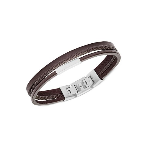 Fossil Mens Multi-Strand Silver-Tone Steel and Brown Leather Bracelet