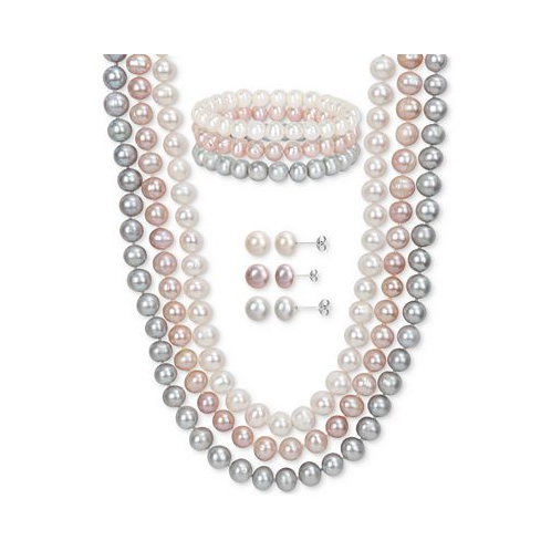 Macys 7-Pc. Set White Black & Gray Cultured Freshwater Pearl (7-1/2 - 8mm) Necklace Bracelets & Stud Earrings