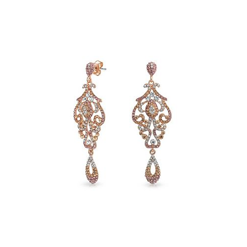 Bling Jewelry Pink Crystal Lace Chandelier Statement Prom Pageant Dangle Earrings For Women Rose Gold Plated Alloy