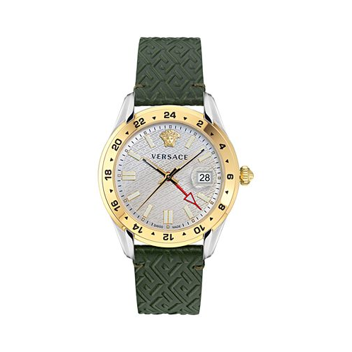 Versace Mens Swiss Greca Time GMT Green Leather Strap Watch 41mm