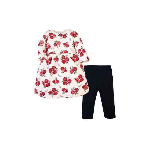 Hudson Baby Baby Girls Quilted Cotton Long-Sleeve Dress and Leggings 2pc Set Red Rose