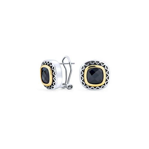 Bling Jewelry Black Onyx Cubic Zirconia Two Tone Square Cushion Omega Earrings For Women Gold Plated Rhodium Plated Brass