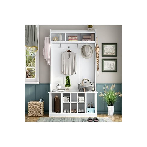 Simplie Fun Hall Tree With 6 Hooks Coat Hanger Entryway Bench Storage Bench 3-In-1 Design 39.4Inch For Entrance Hallway
