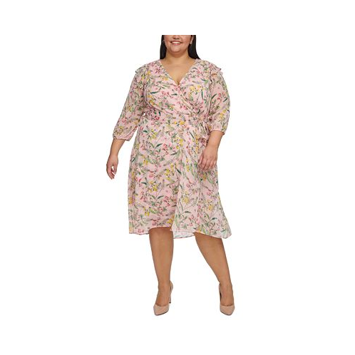 Tommy Hilfiger Plus Size Floral Chiffon 3/4-Sleeve Midi Dress