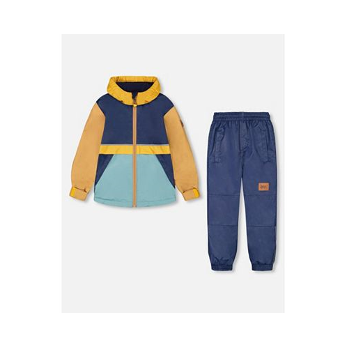 Deux par Deux Boy Two Piece Hooded Coat And Pant Mid-Season Set Colorblock Navy Blue And Yellow - Toddler|Child