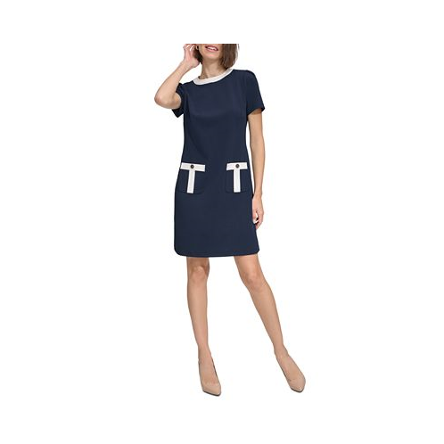 Tommy Hilfiger Womens Contrast-Trim Scuba Crepe Shift Dress