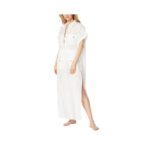 Michael Kors Womens Cotton High-Slit Utility Cover-Up Dress