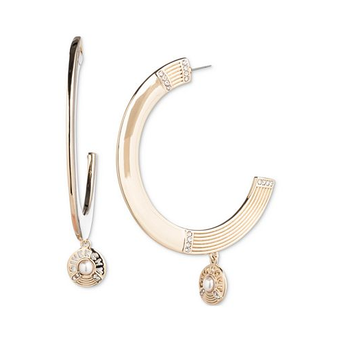 Givenchy Gold-Tone Medium Pave Imitation Pearl & Logo C-Hoop Earrings 1.62