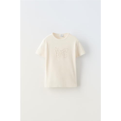 Zara RIBBED T-SHIRT WITH PEARLS