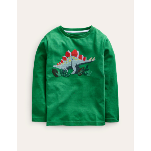 Boden Cross Stitch Dino T-shirt - Deep Green Dinosaur