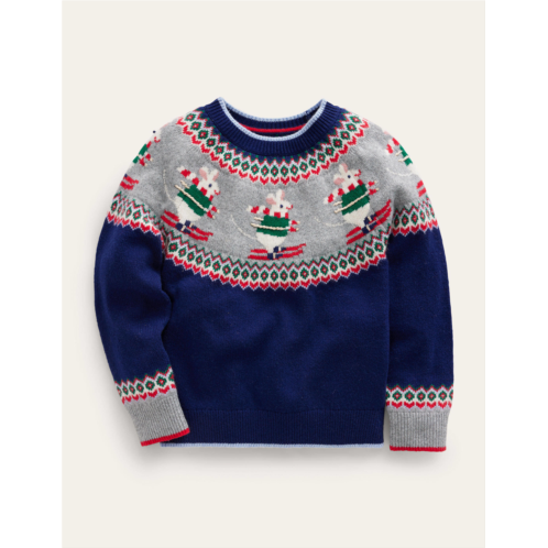 Boden Novelty Fair Isle Sweater - French Navy Skiing Mice