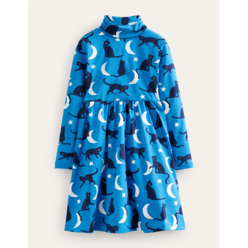 Boden Roll Neck Jersey Dress - Bright Blue Cats
